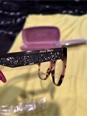 Miu Miu Tortoiseshell Glasses with Black Crystal-Embellished Temples